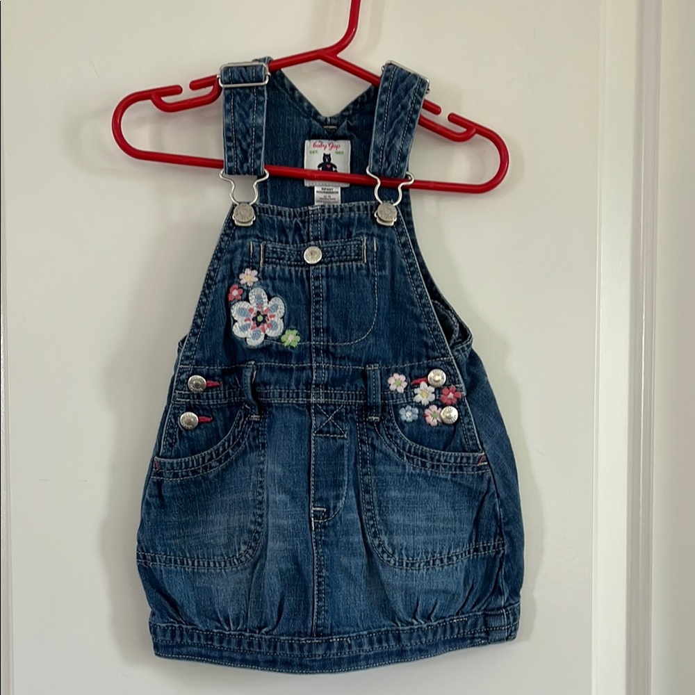 Baby Gap embroidered floral denim overall skirt size 12-18m